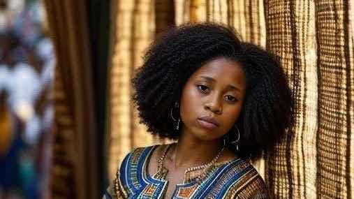 Boluwatife Asake looks toward the camera. She has black curly hair, gold dangly earrings, and a colorful top. A golden tapestry is behind her.